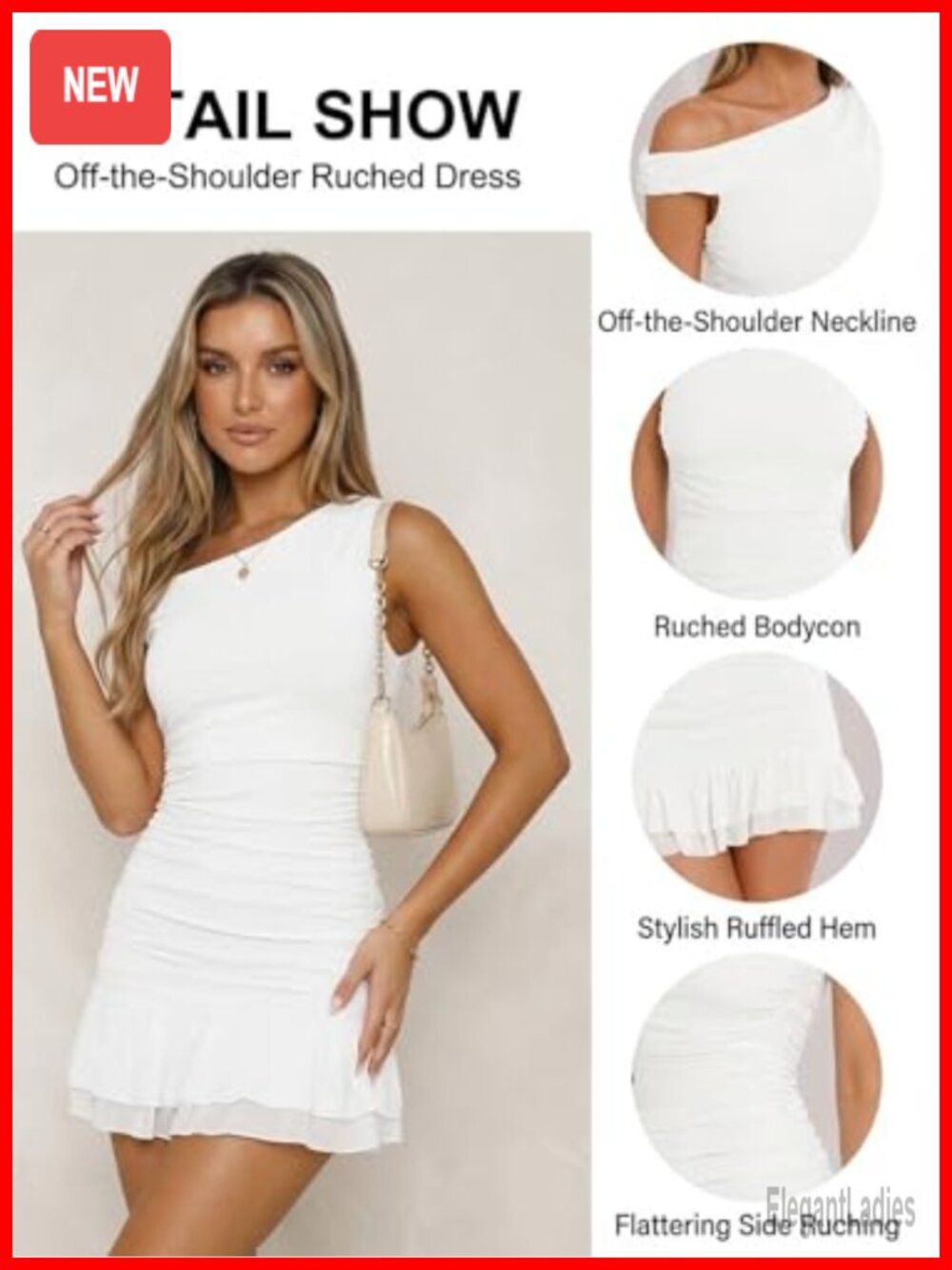 Off Shoulder Ruched Bodycon Mini Dress with Ruffle Hem - Picture 4 of 6